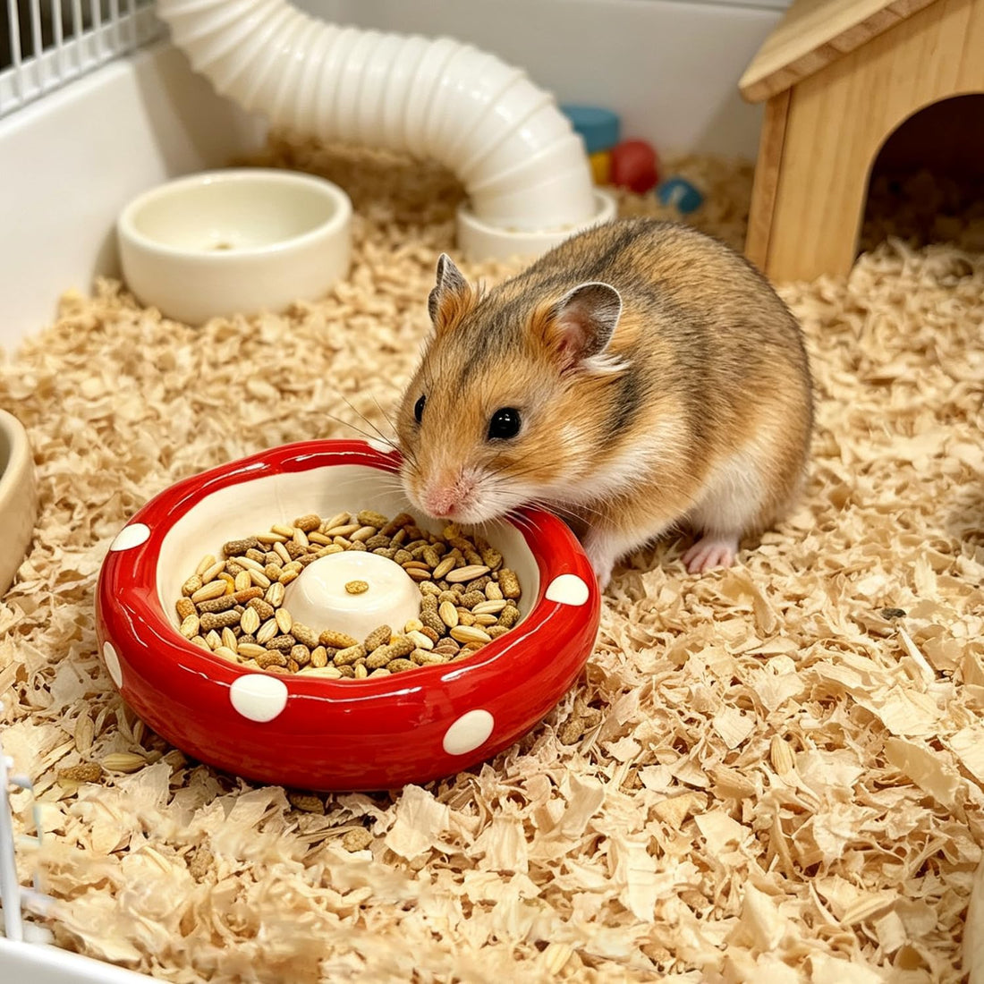 Hamster Mushroom Cap Shape Ceramic Food Bowl, Anti-Spill Non-Tip