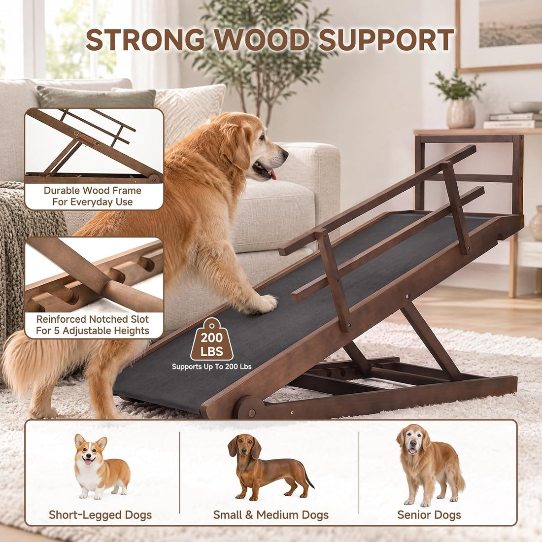 Dog Ramp for Bed & Couch, Foldable Wooden Pet Ramp
