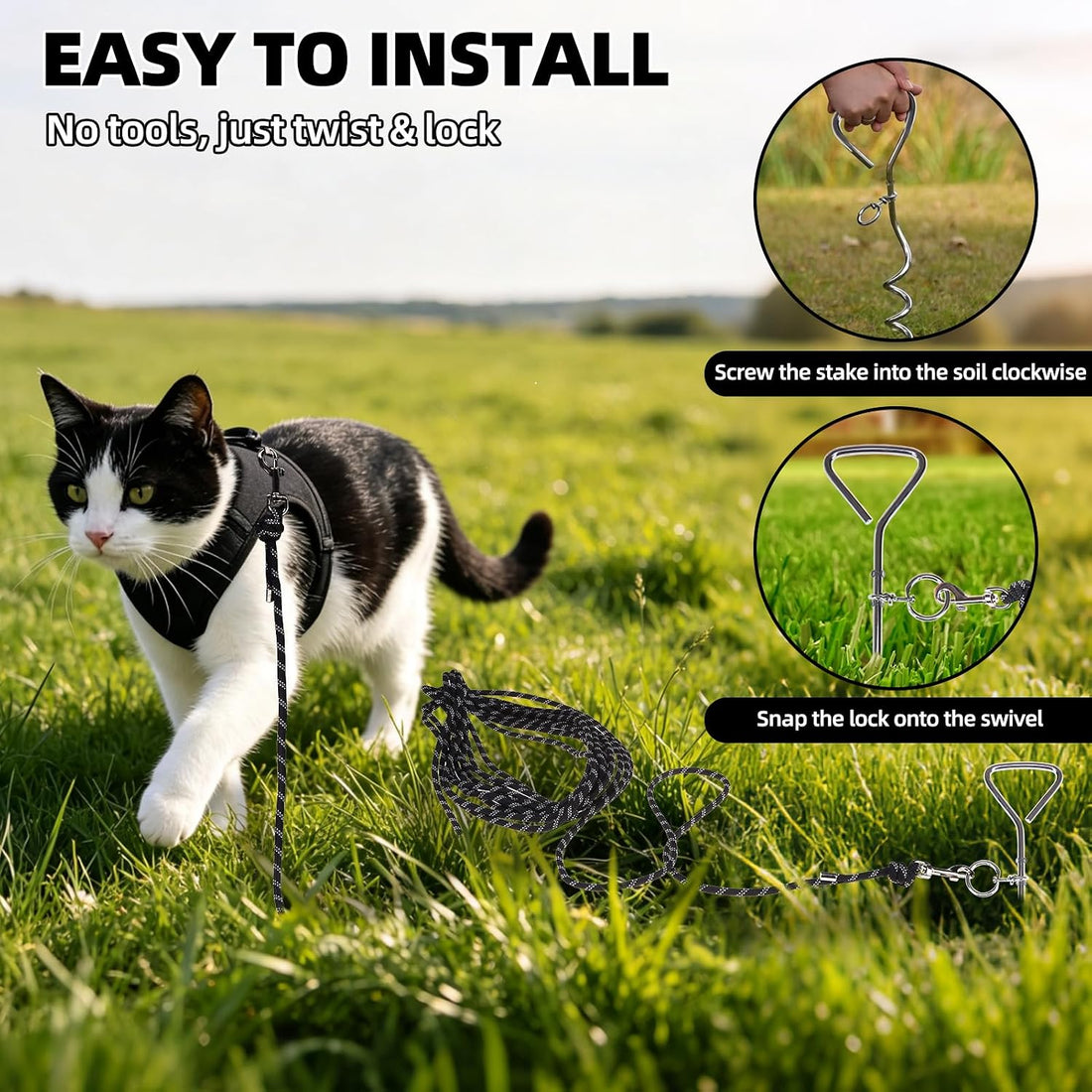 PUPTECK Reflective Long Cat Leash Pet Tie Out Spiral Stake