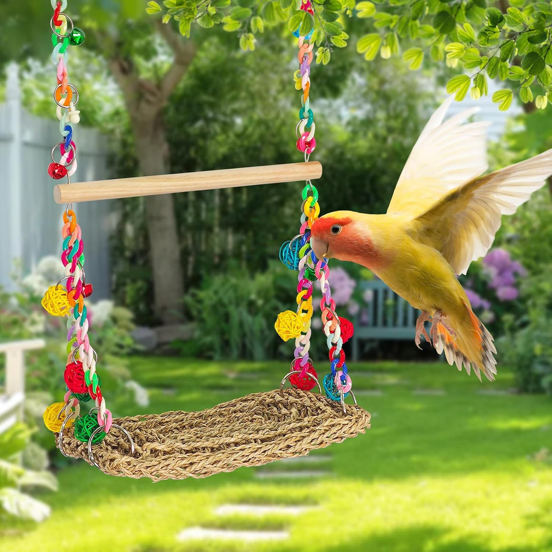Natural Bird Swing Toys with Wood Perch,Double Layer Bird Seagrass