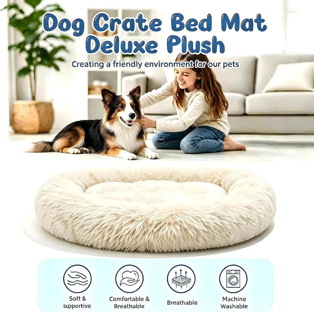 Round Donut Pet Bed 24in Soft Plush Calming Cushion with Non-Slip Base
