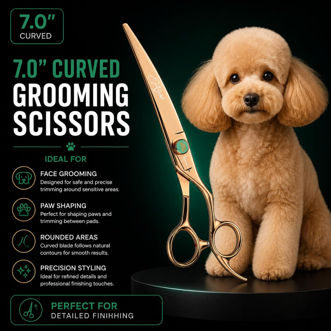Kenchii Rose Dog Grooming Scissors 7in Curved, Micro-Serrated