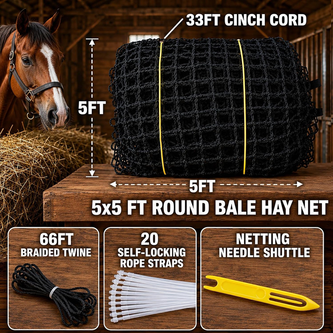 5x5 ft Round Bale Hay Net for Horses & Goats
