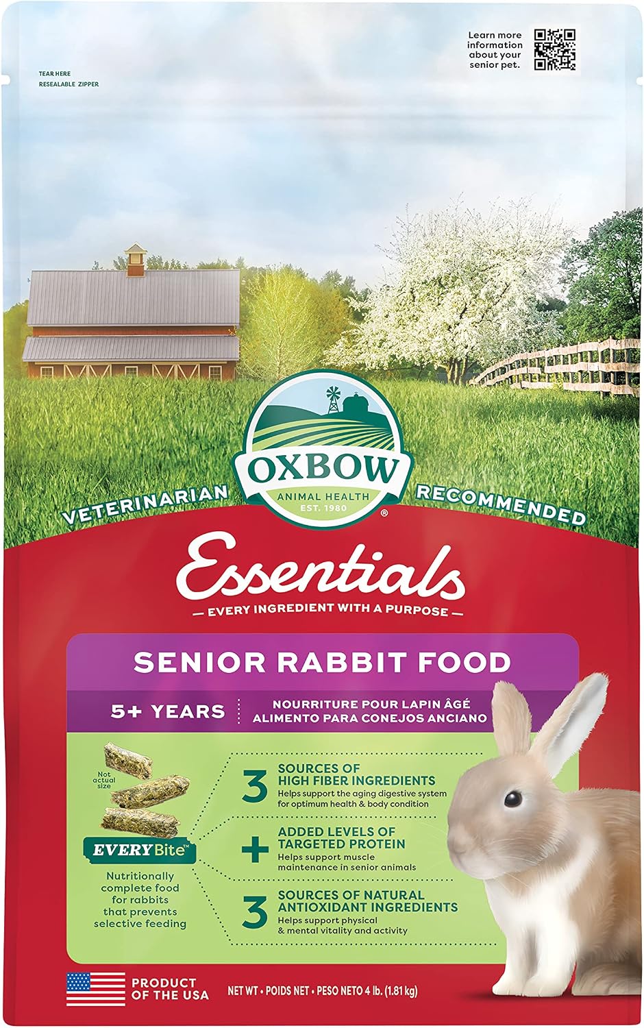 Oxbow Essentials Senior Rabbit Food, High-Fiber Rabbit Pellets, 4 lb