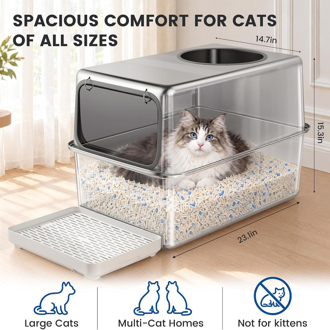 Stainless Steel Litter Box with Lid, Side Entry, 23.1x14.7x15.3 in