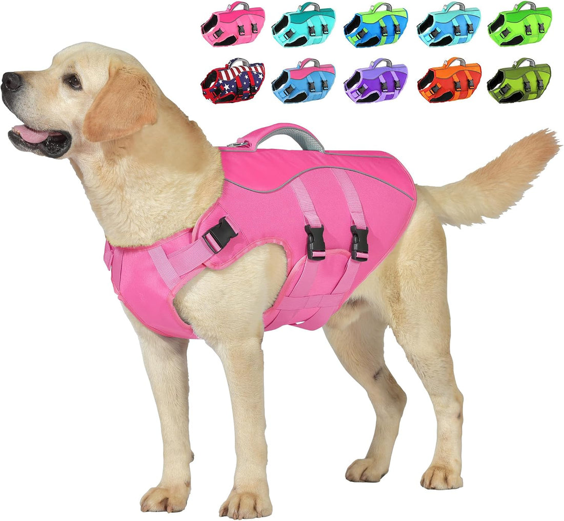 Petglad Dog Life Jacket with Handle Adjustable Swim Vest, Blue & Green