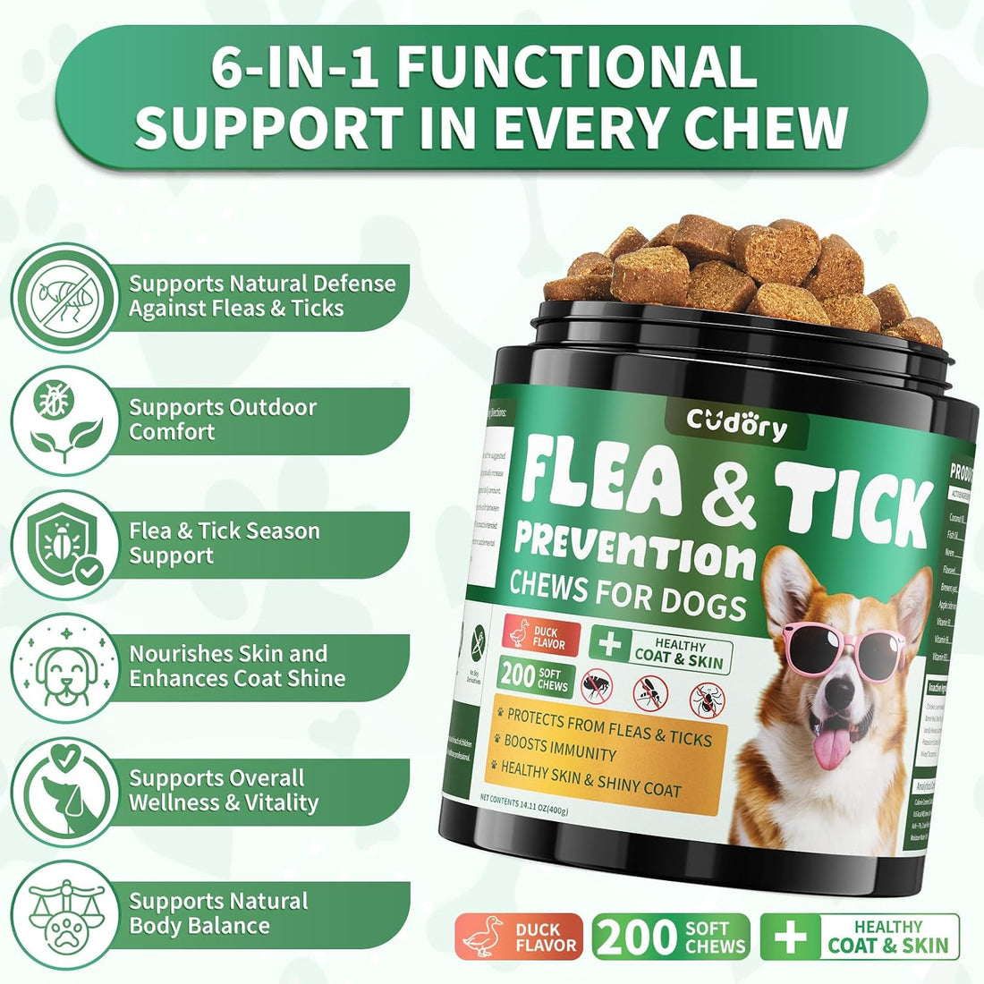 Cudory Flea and Tick Prevention for Dogs Chewables, 200 Soft Chews