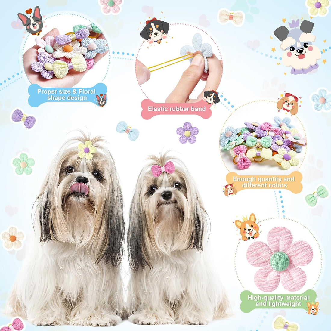 SUMMORO 24Pcs Cute Flower Dog Hair Bows with Rubber Bands Handmade
