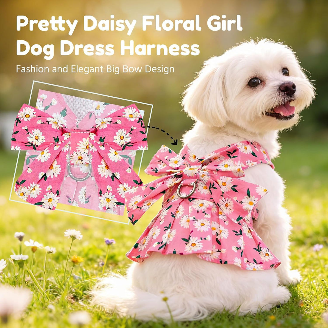 BAEJMJK Dog Dress Bowknot Harness Leash Set for Small Dogs Cats Daisy