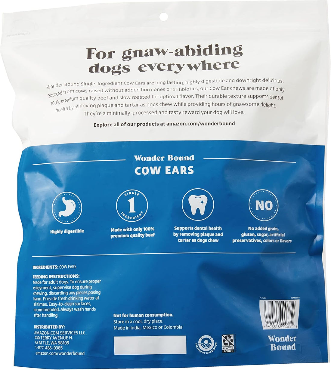 Wonder Bound Cow Ears Dog Treats, Pack of 12, Beef, Highly Digestible