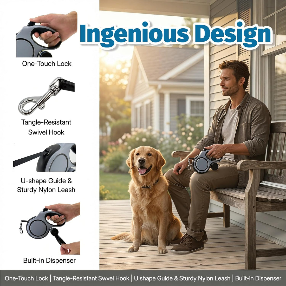 Retractable Dog Leash 26ft for Large Dogs up to 110lbs, Gray