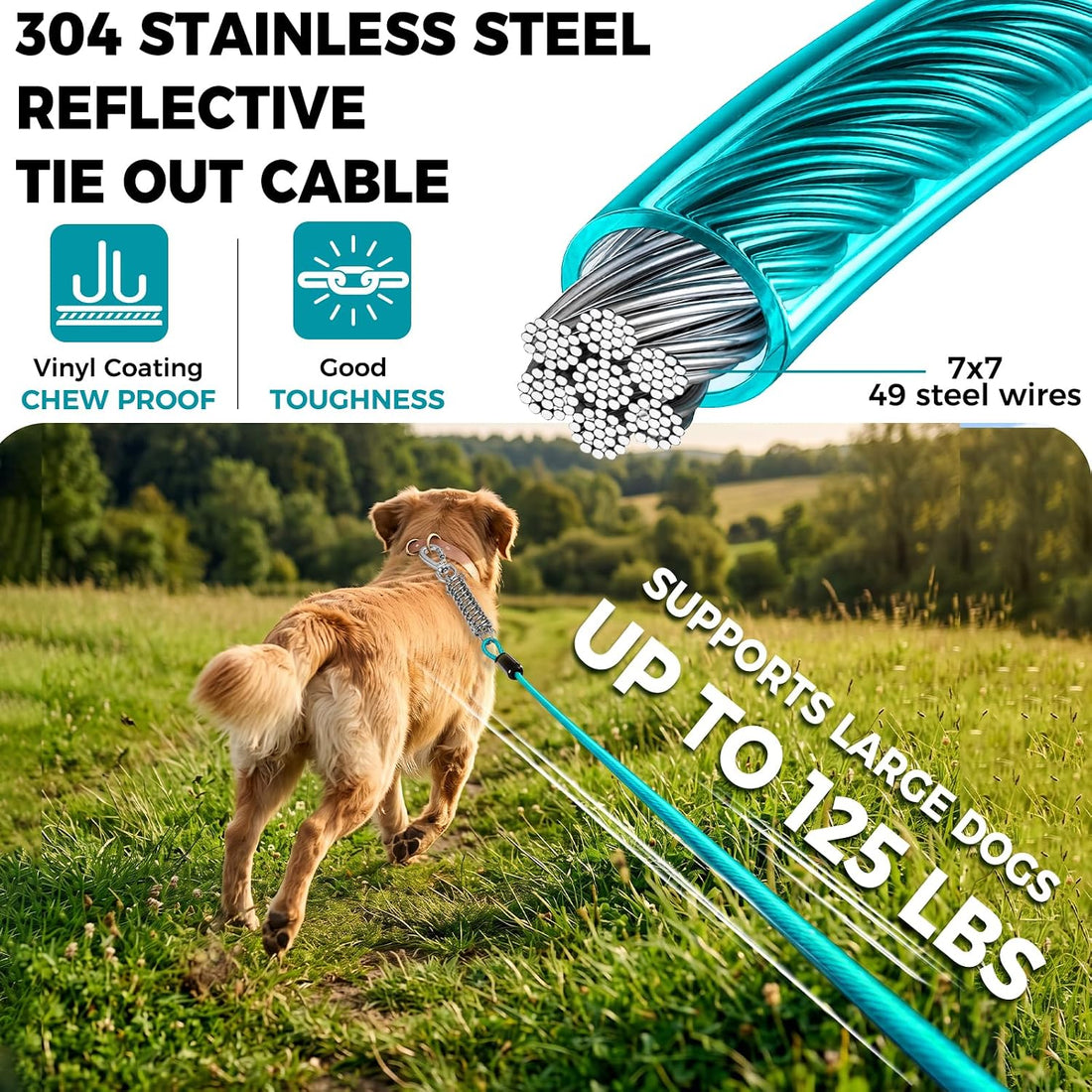 Snagle Paw Tie Out Cable for Dogs, 50FT Dog Leads for Yard Chew Proof