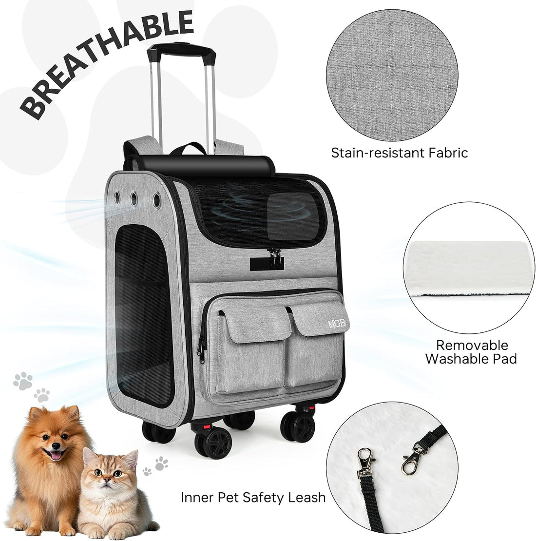 MGB Pet Carrier with Wheels, Rolling Cat Carrier Gray