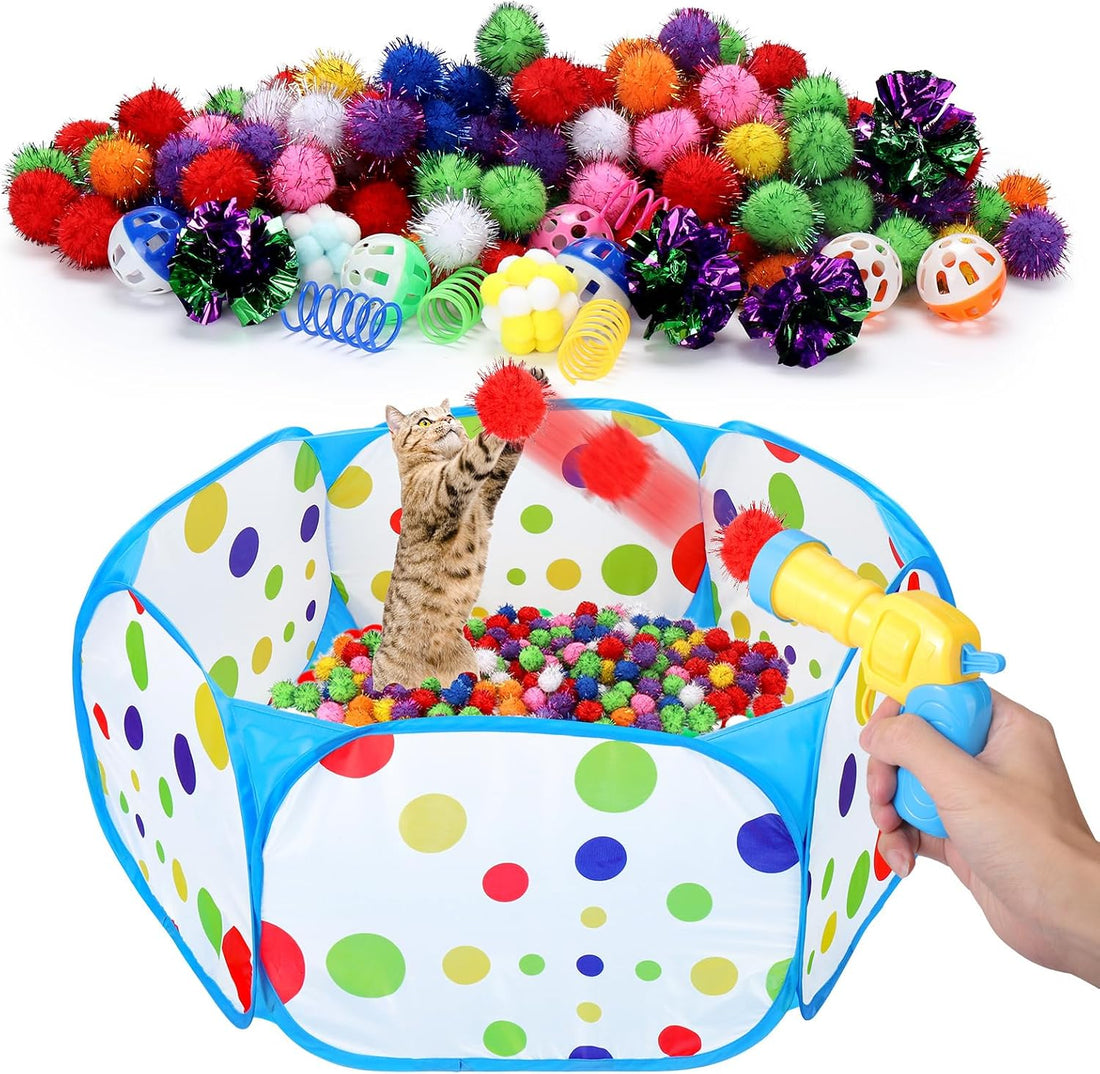 Mity rain 102PCS Cat Ball Launchers & Pom Pom Balls Interactive Cat