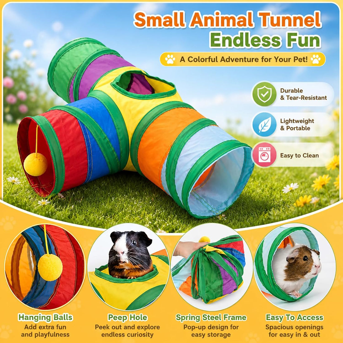 Rypet Guinea Pig Tunnel Hideout 3-Way Collapsible Small Pet Tubes
