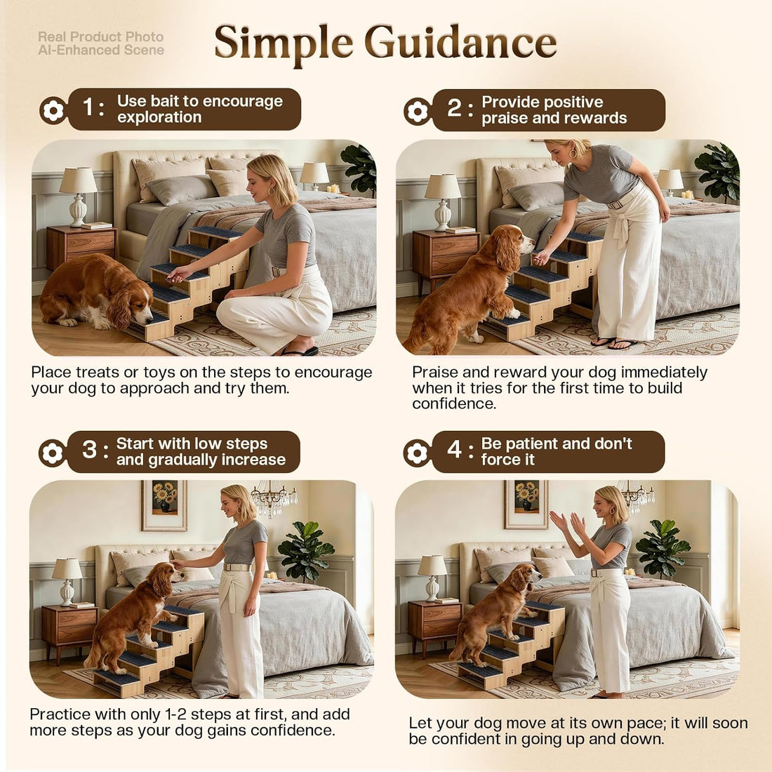 5-Step Wooden Dog Steps for Bed, Anti-Slip Dog Stairs with Carpet Pads