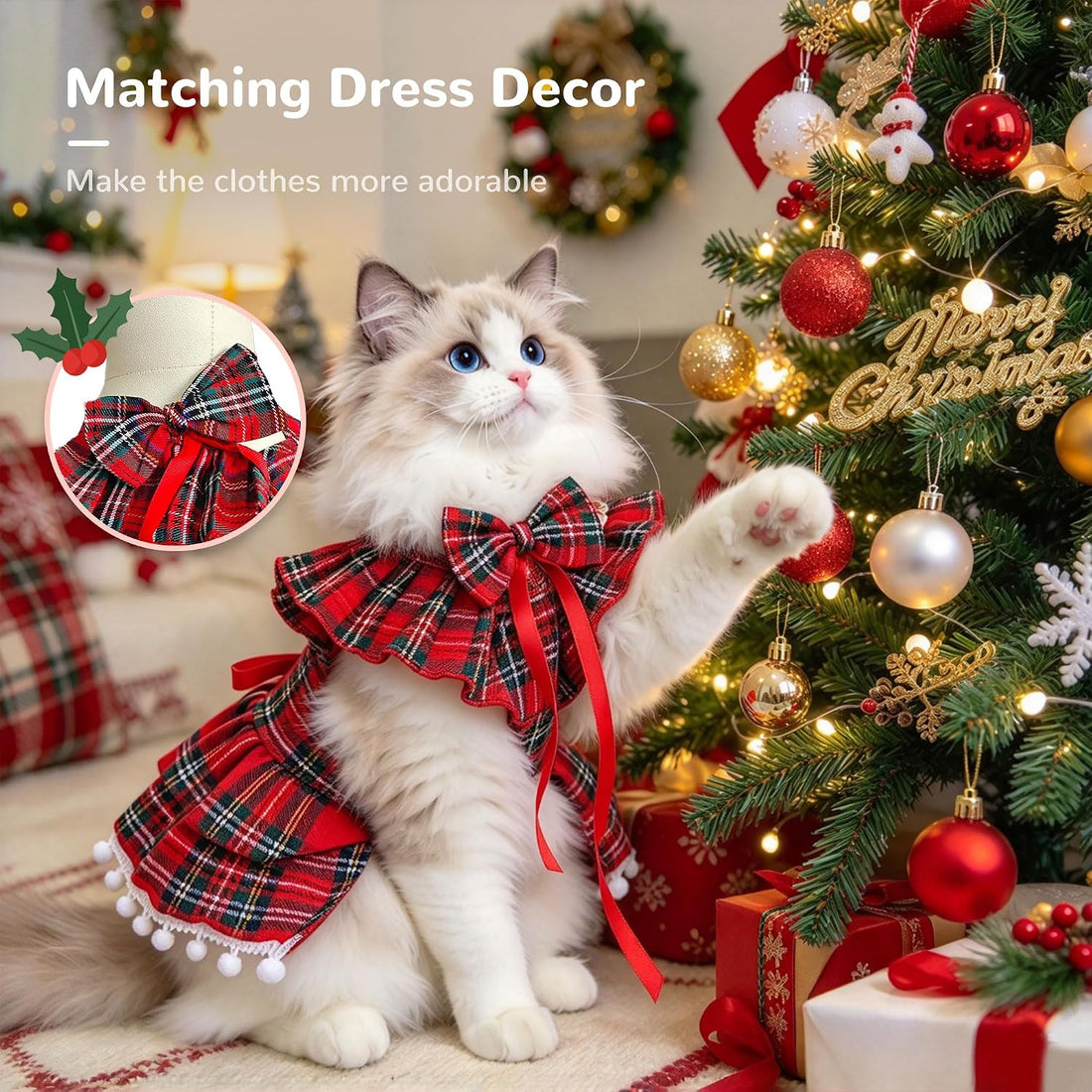 ABRRLO Plaid Small Dog Cat Christmas Dress Outfits with Bow & Leash