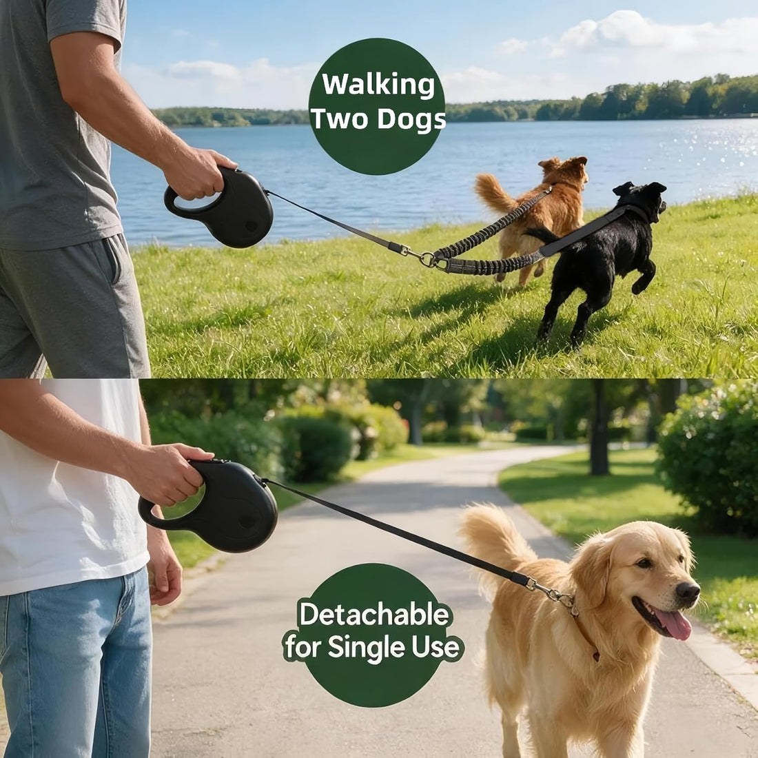 20 FT Dual Retractable Dog Leash(Up to 110 LBs Each)+Poop Bags&Holder