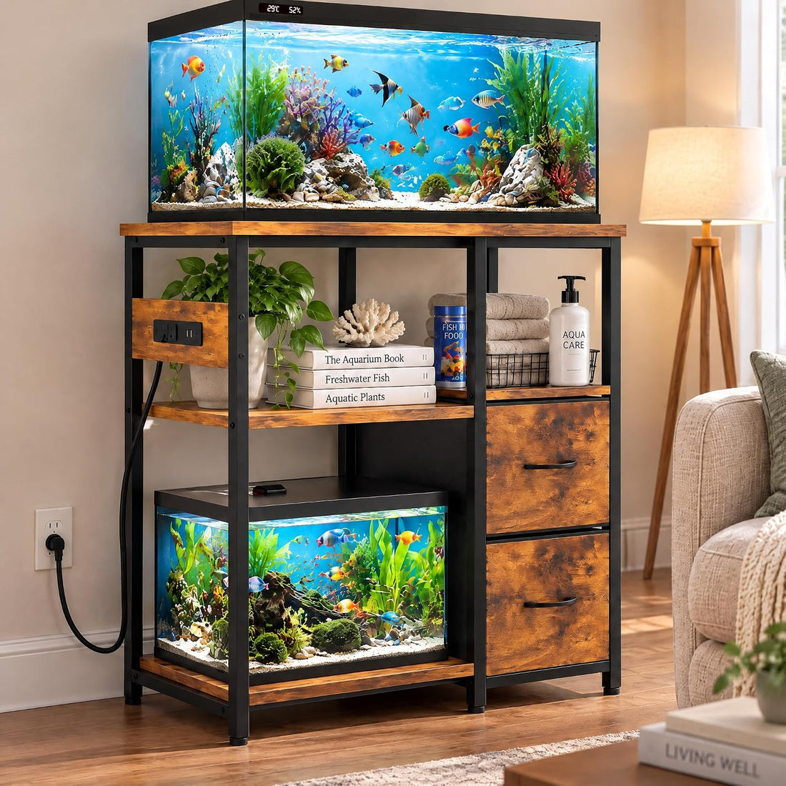5-10 Gallon Fish Tank Stand with 2 Drawers and Storage Shelves