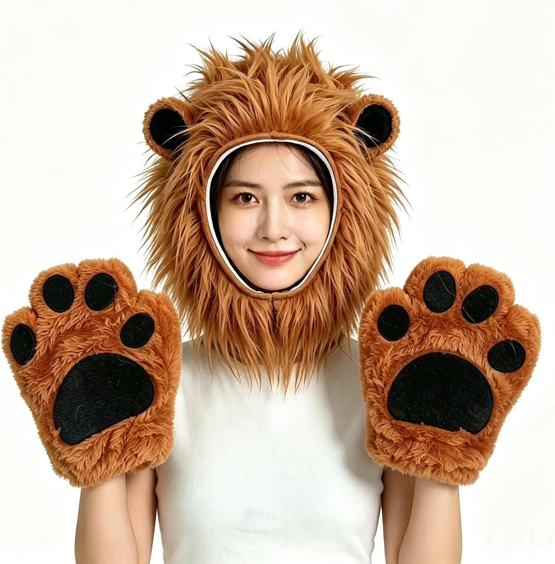 Lion Costume Accessory Set, Plush Lion Mane Hood with Paw Gloves