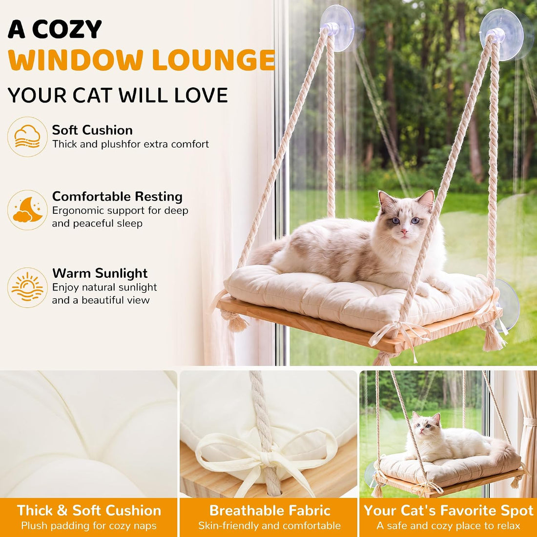 Cat Window Perch Hammock with Upgraded 4 Suction Cups Soft Cushion