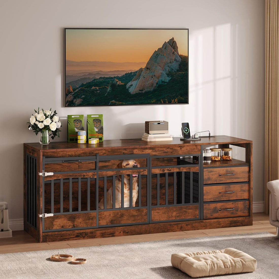 68.9" Double Dog Crate Furniture with 3 Storage Drawers,Grey