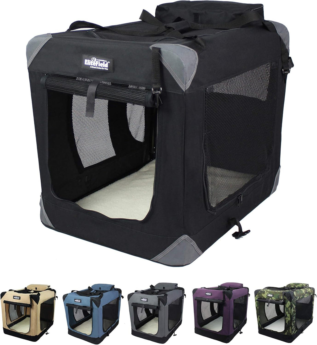 EliteField 3-Door Soft Dog Crate with Bed & Carrying Bag