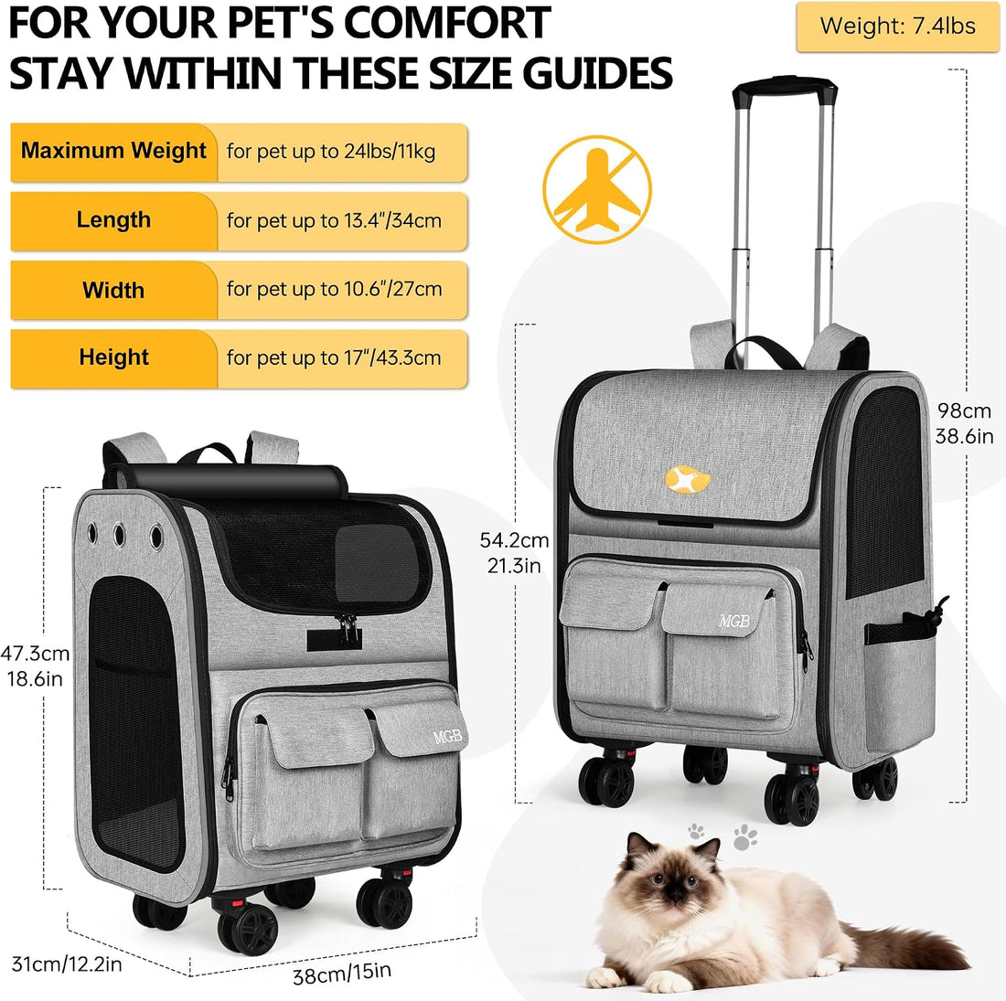 MGB Pet Carrier with Wheels, Rolling Cat Carrier Gray