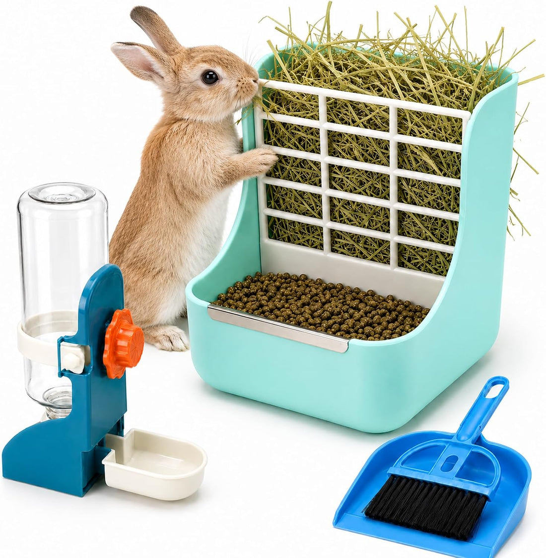 HERCOCCI Rabbit Hay Food Bin Feeder and Bunny Water Bottle Set