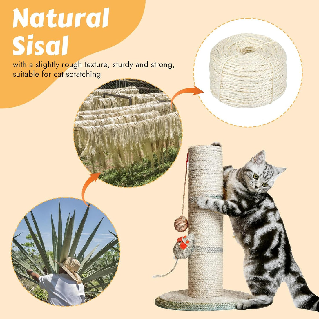164 Ft Sisal Rope for Cat Tree, 1/6 Inch Natural Twine, Natural Color