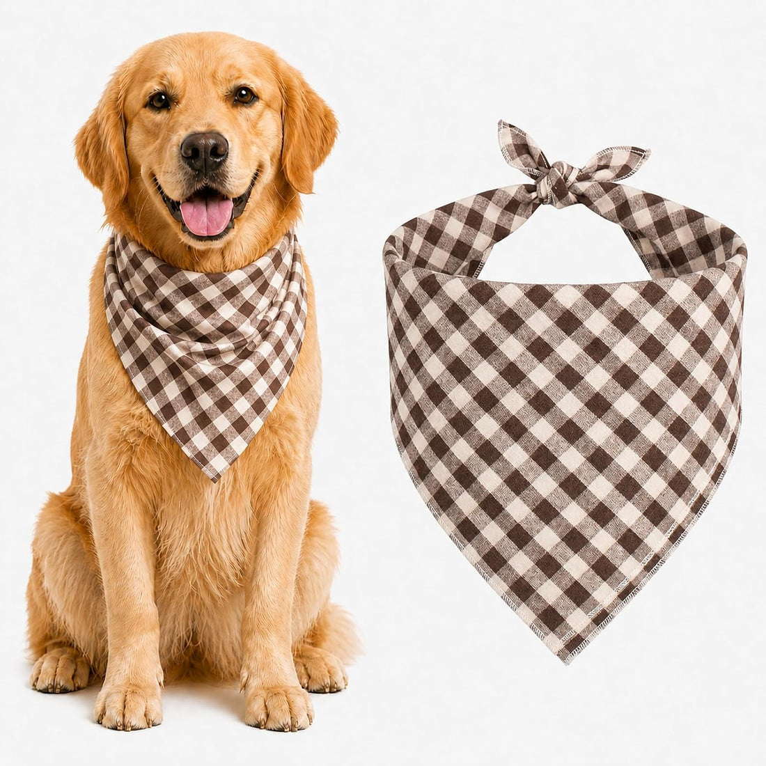 Khaki Plaid Dog Bandana 1 Pack, Fits Neck Up to 18"