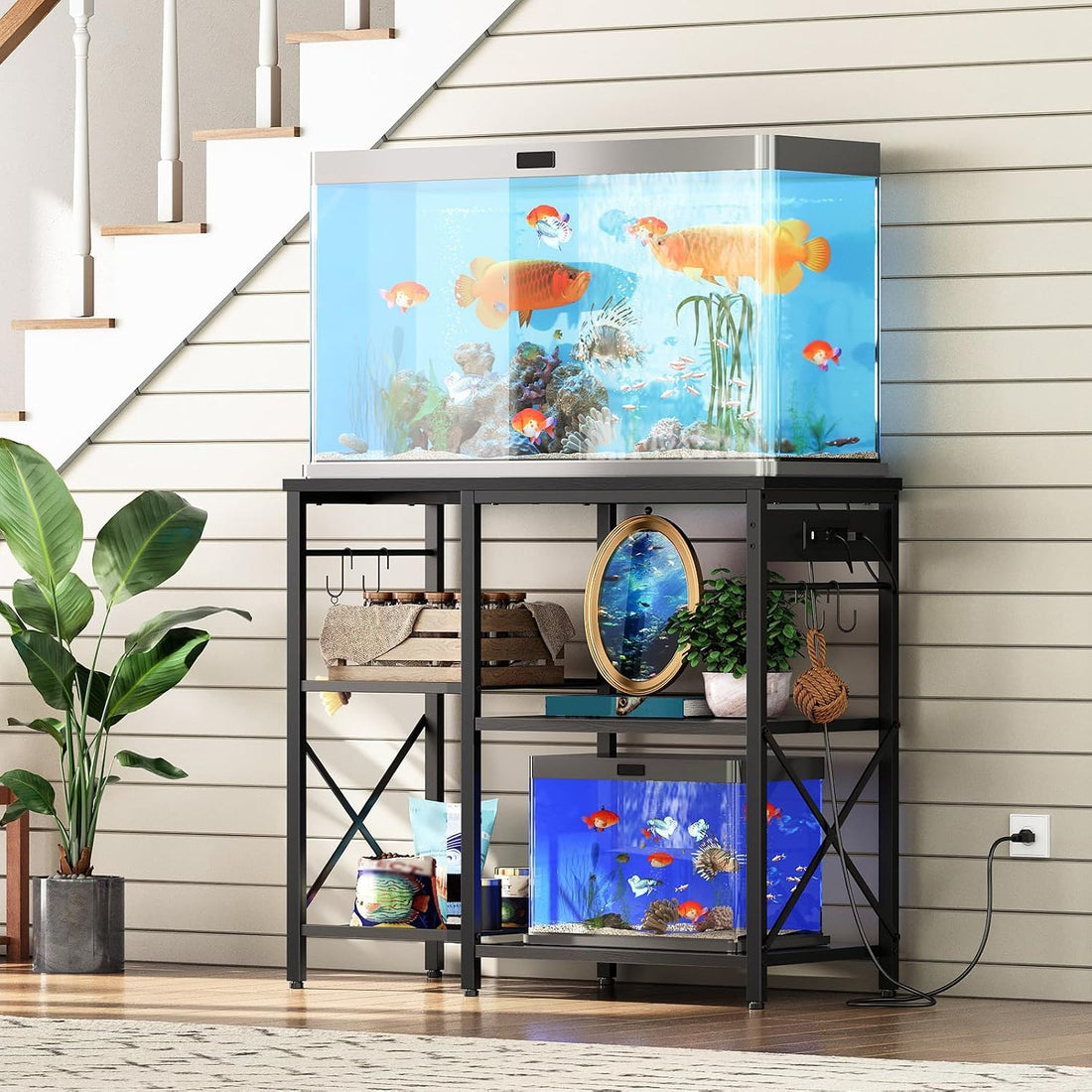 HOOBRO Fish Tank Stand with Power Outlet and LED Light, Aquarium Stand