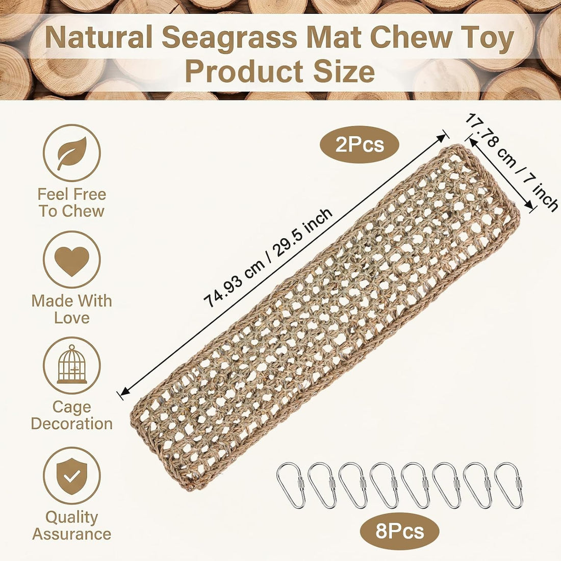 2Pcs Seagrass Mat for Birds, Bird Cage Accessories with 8 Hooks