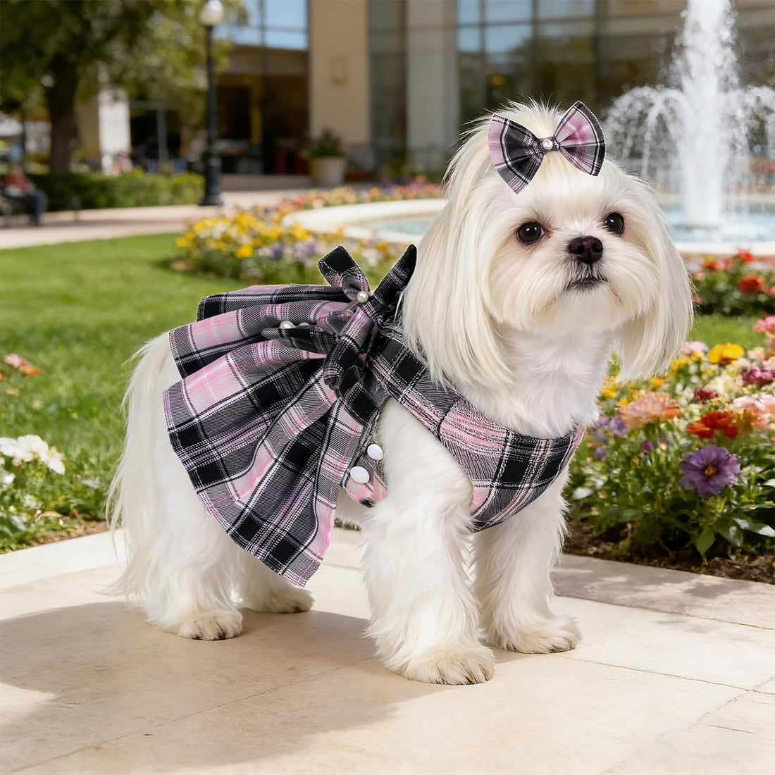 Dog Plaid Dress Harness and Leash Set with Pearls Bow Adjustable