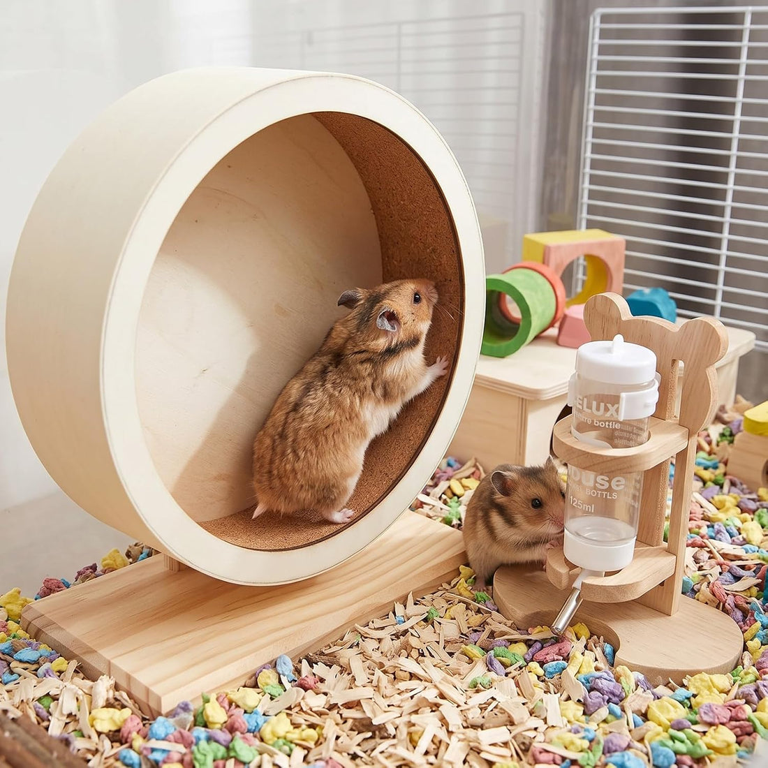 L, 11 Inch Wooden Silent Hamster Wheel with Water Bottle