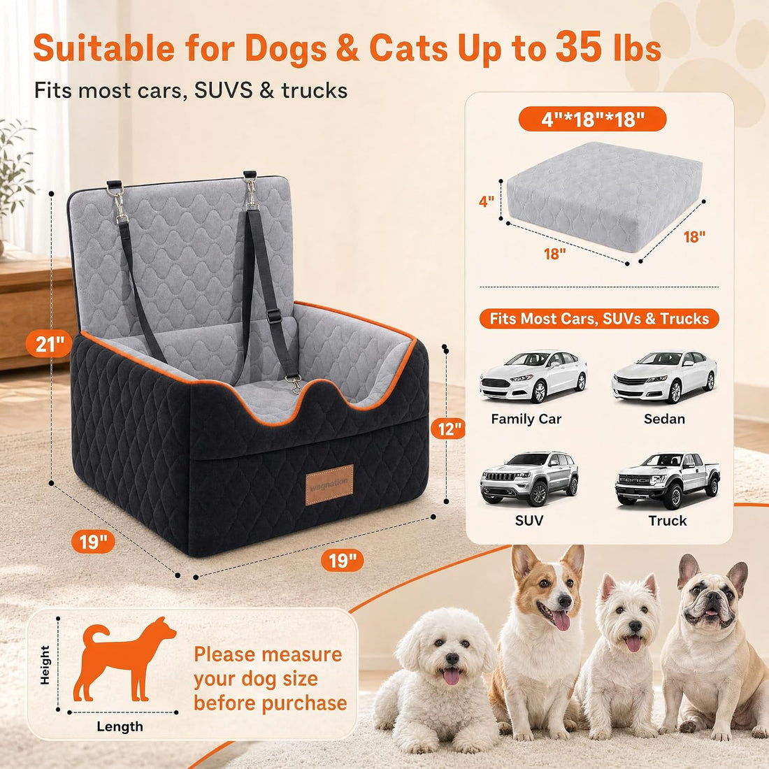 wagnation Dog Car Seat for Small/Medium Dogs Under 35lbs