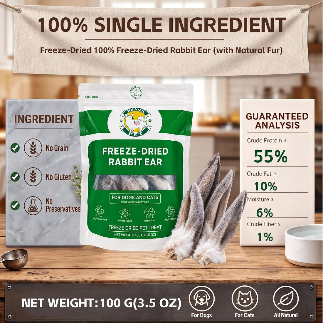 Freeze Dried Rabbit Ear, Single Ingredient Dog Chew, with Fur