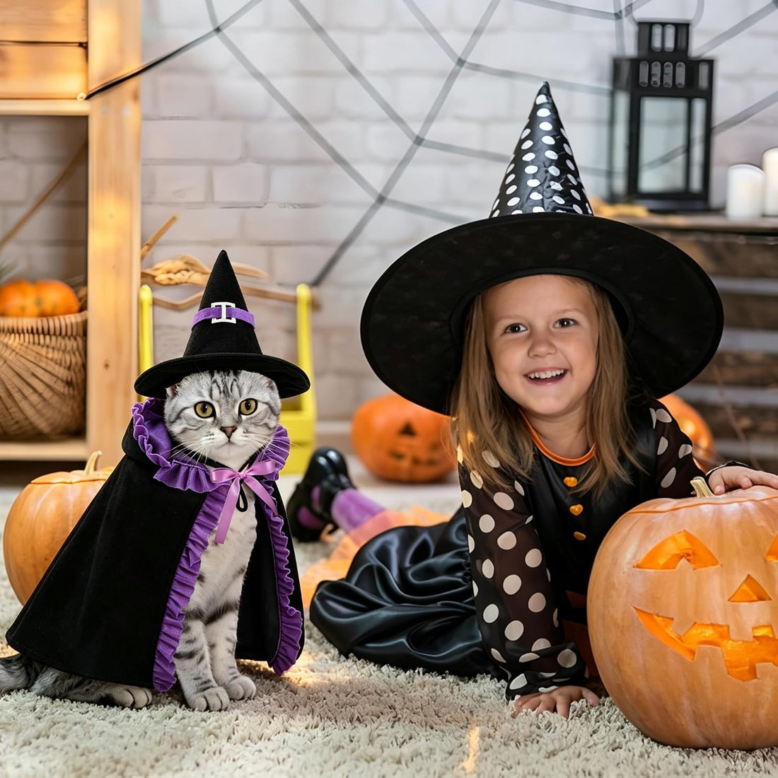 Halloween Cat Witch Costume Set Cute Pet Witch Hat Cape Accessories