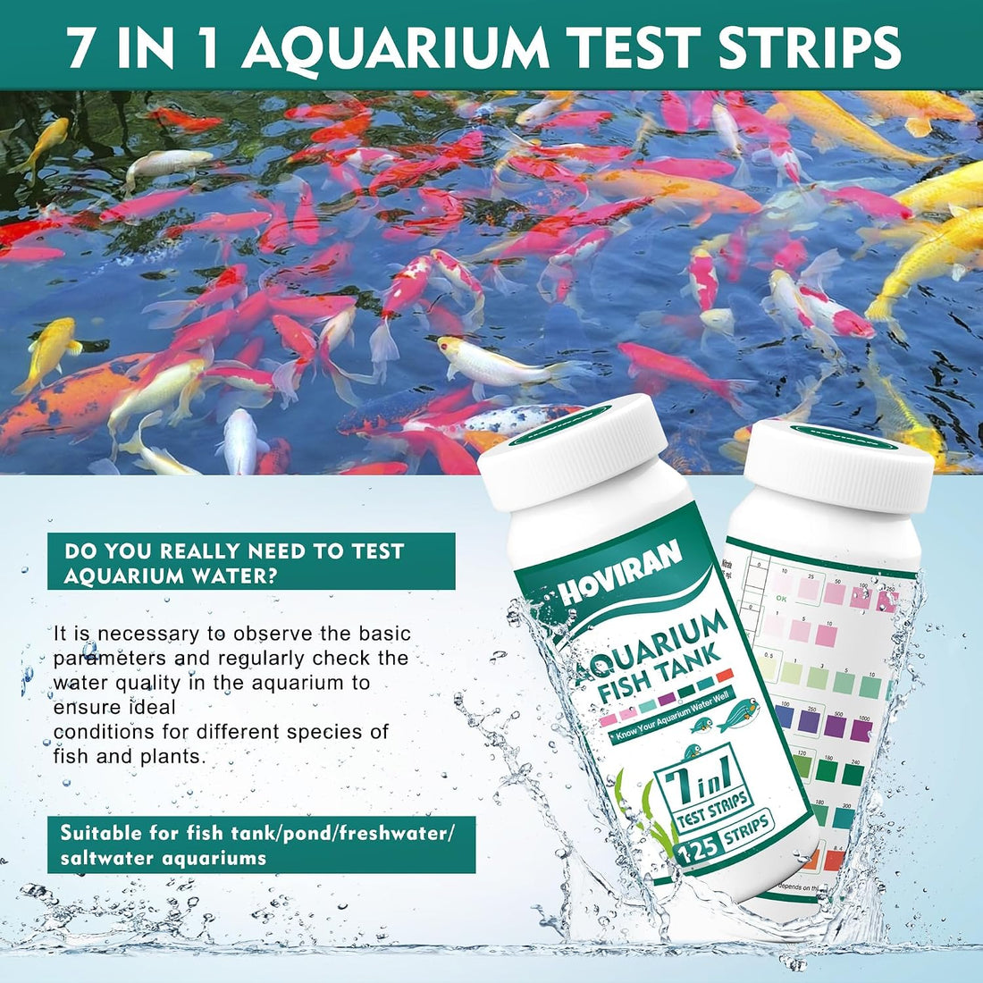 7 Way Aquarium Test Strips, 125 Strips for Fish Tank & Pond Test Kit