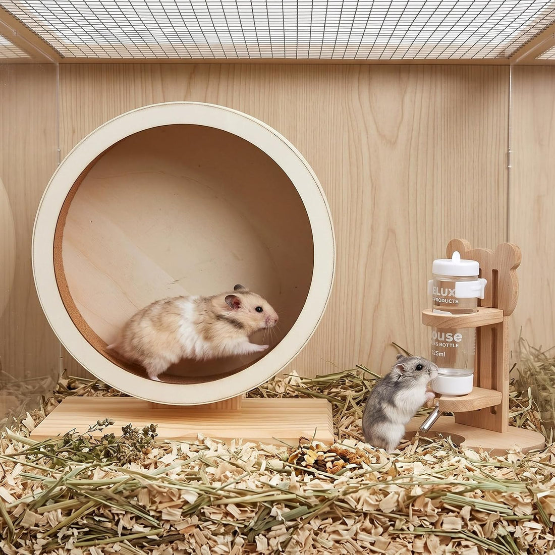 L, 11 Inch Wooden Silent Hamster Wheel with Water Bottle