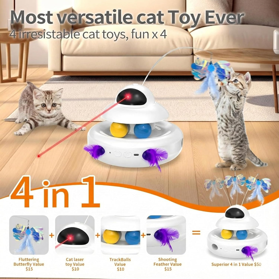 MOHAYA Cat Toys，4-in-1 Interactive Cat Toy for Indoor Cats with Laser