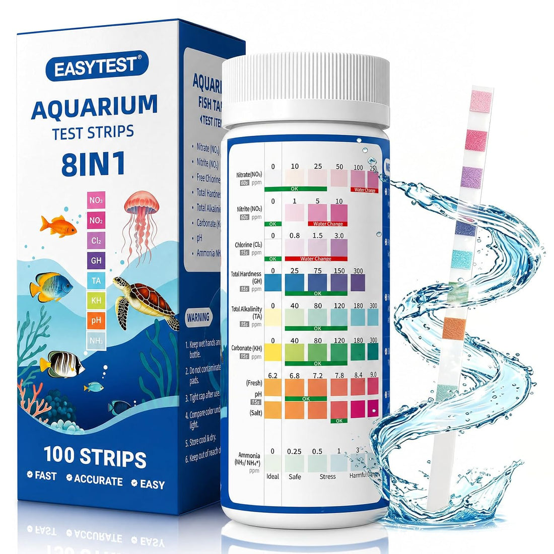 EASYTEST 8-Way Aquarium Test Strips with Ammonia