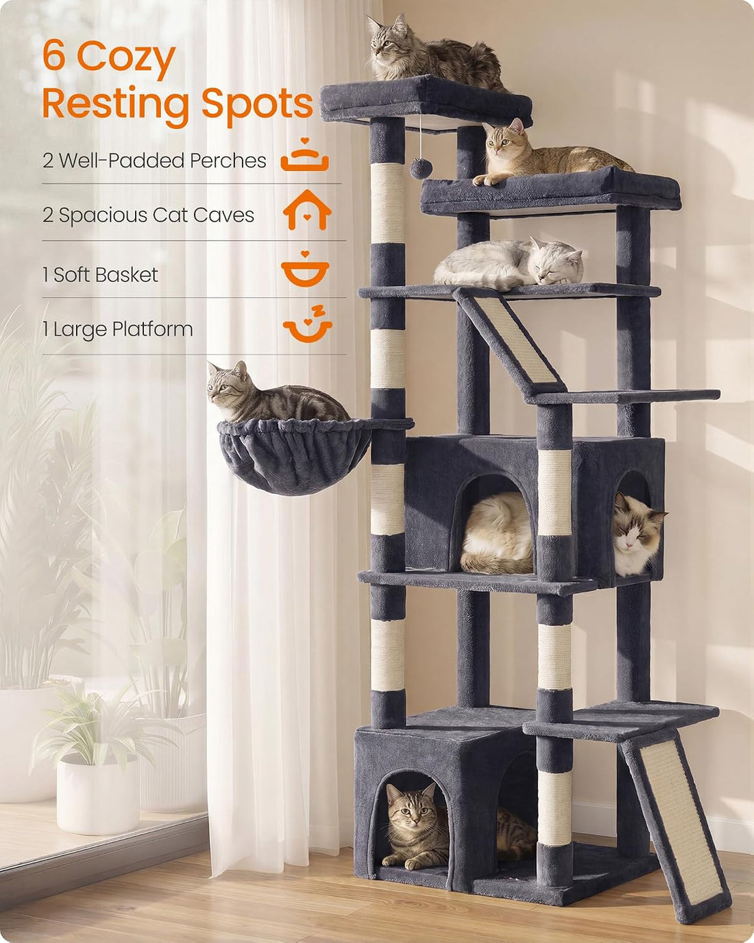 Feandrea Large Cat Tree, 72.6" Tall Sturdy Cat Tower for Indoor