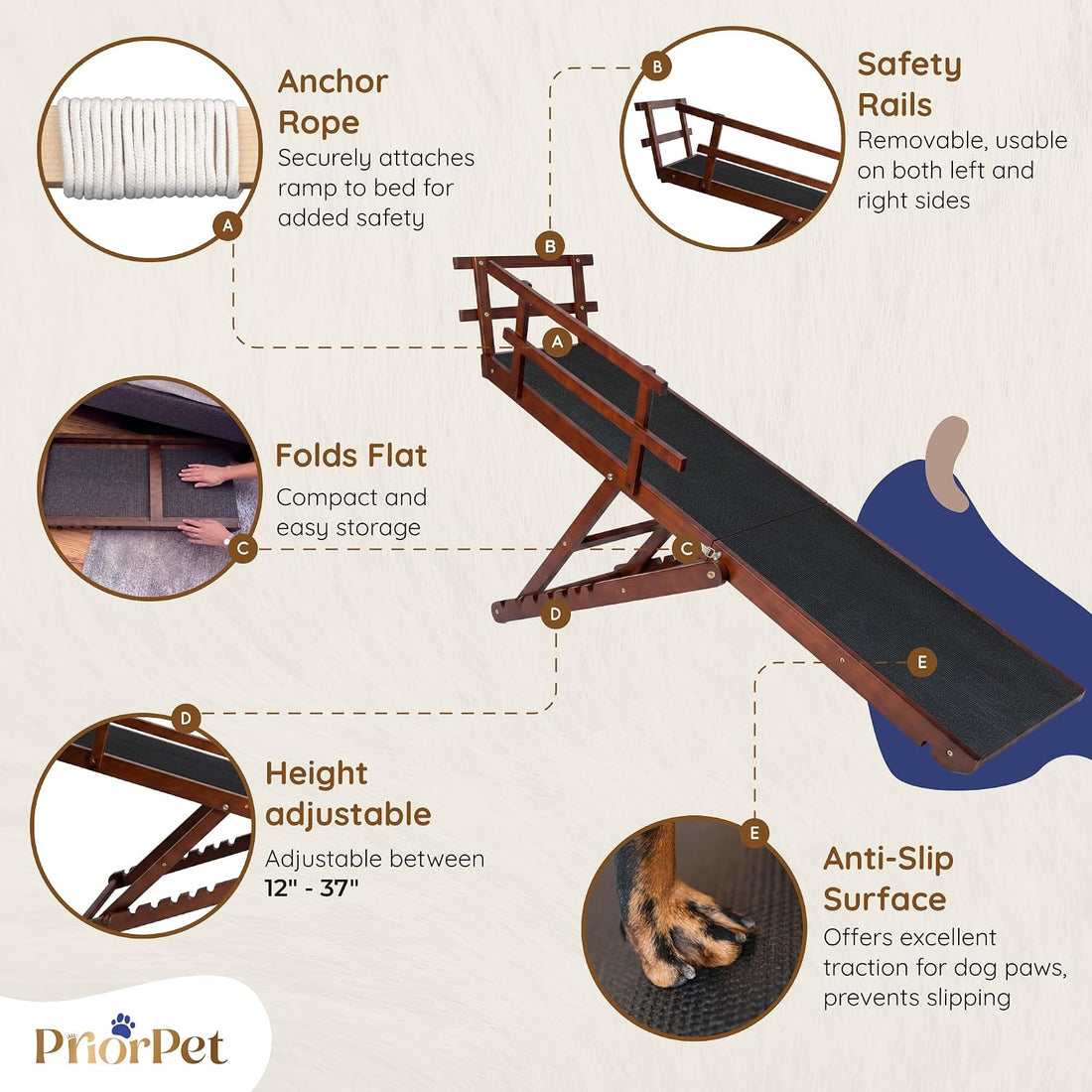 Dog ramp for Bed - PRIORPET Birchwood Adjustable Ramp for Dogs to Get