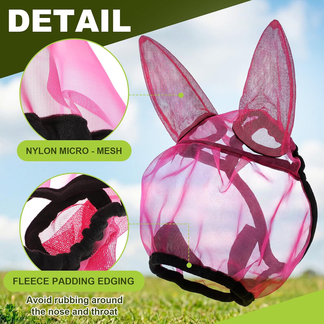 1 Pcs Mini Donkey Fly Mask with Ear Protection, Rose Red