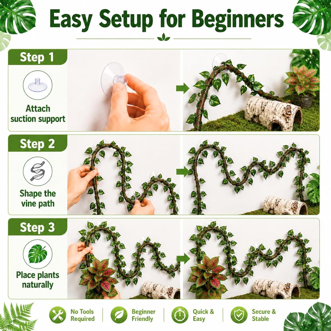 LIKZINWA Reptile Terrarium Decor Kit with Jungle Plants & Vines