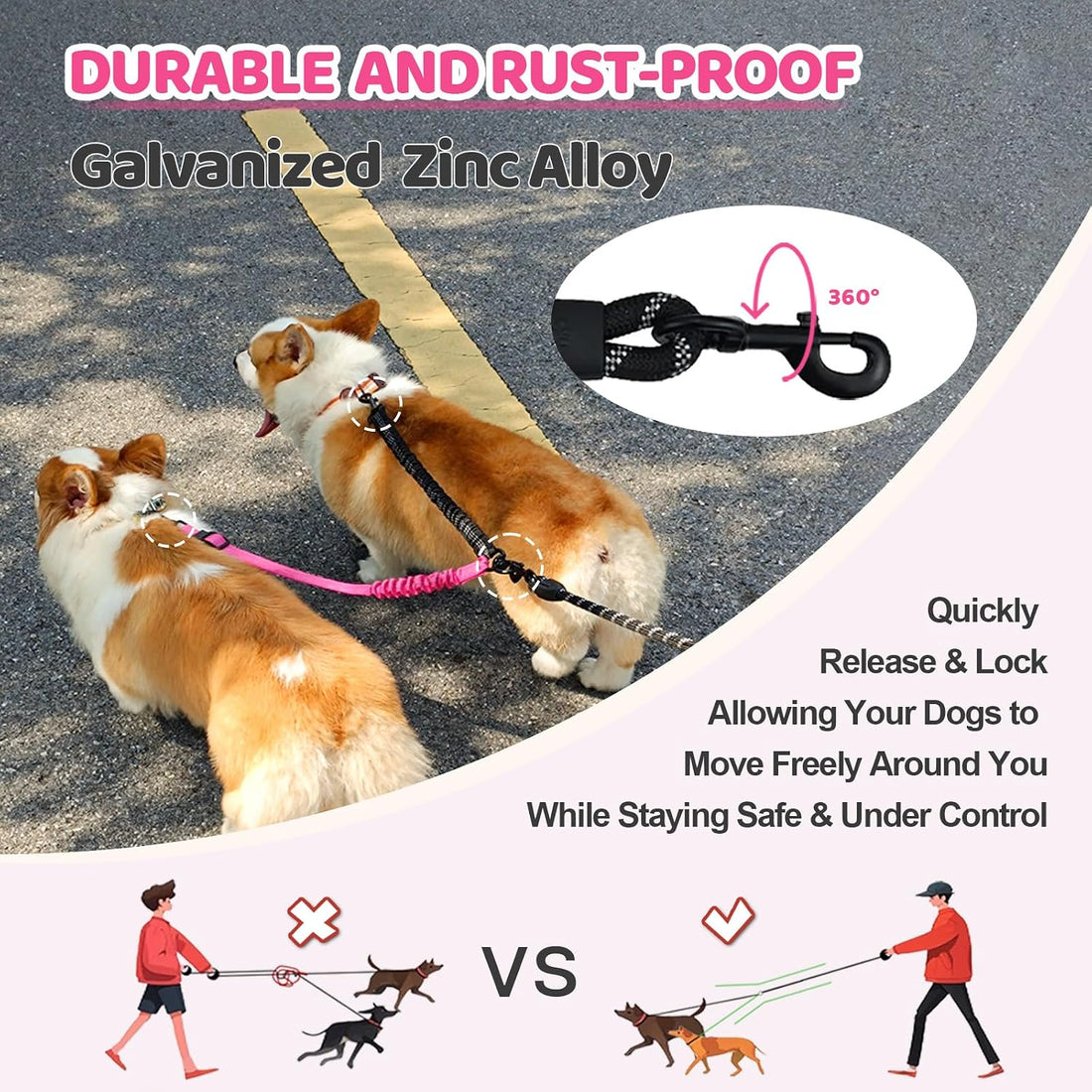 LEOSASA Double Dog Leash - 360°Swivel Tangle Free Splitter Attachment