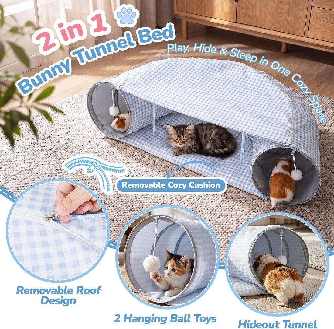 Bunny Tunnel Bed, 2-in-1 Collapsible Rabbit Guinea Pig Hideout