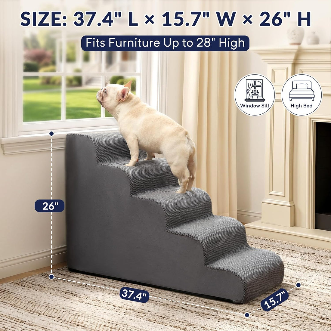 Dog Stairs for High Beds, 26" H 5-Step Pet Ramp for Small & Medium