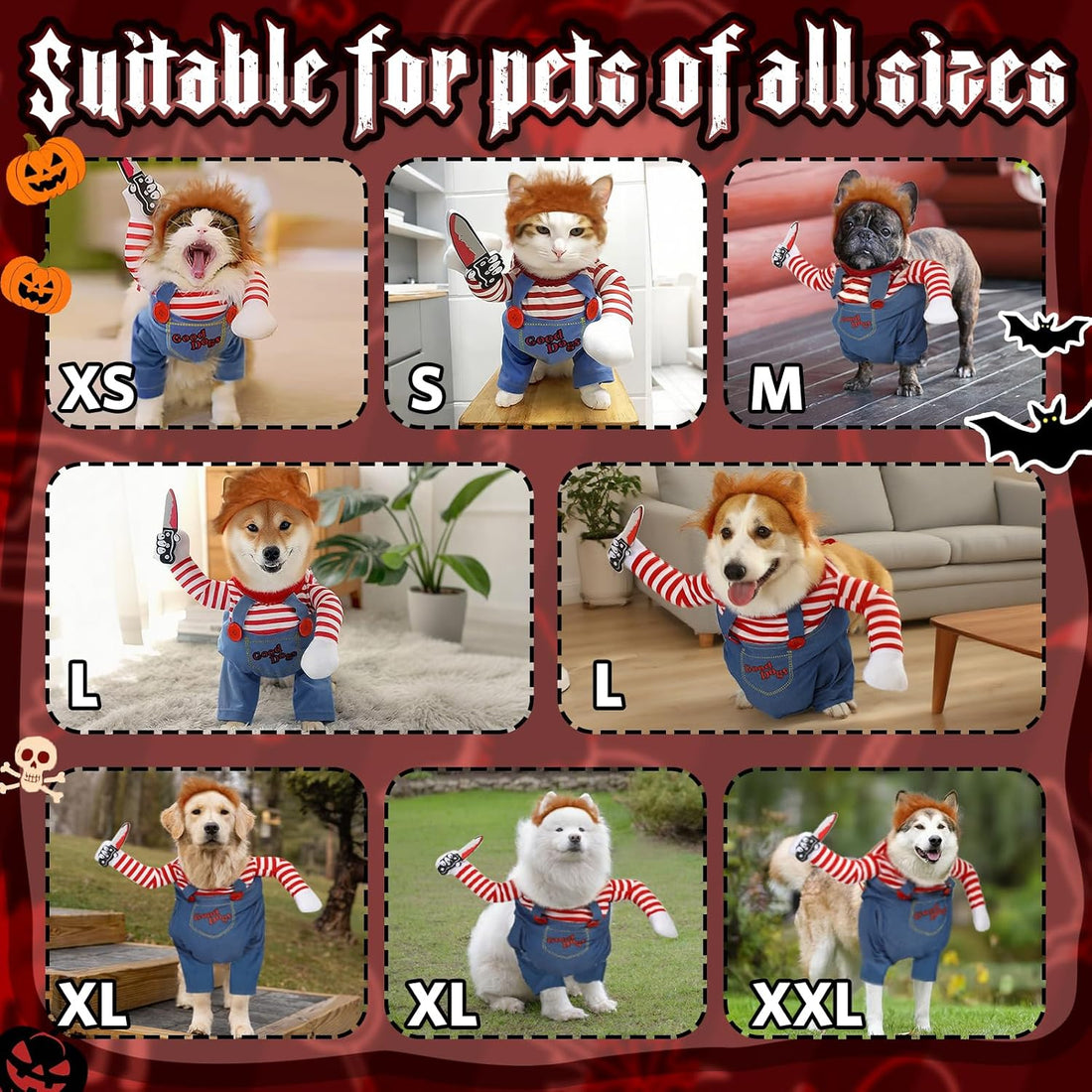 T2Y Dog Halloween Costume Pet Deadly Doll Chucky Dogs Costume